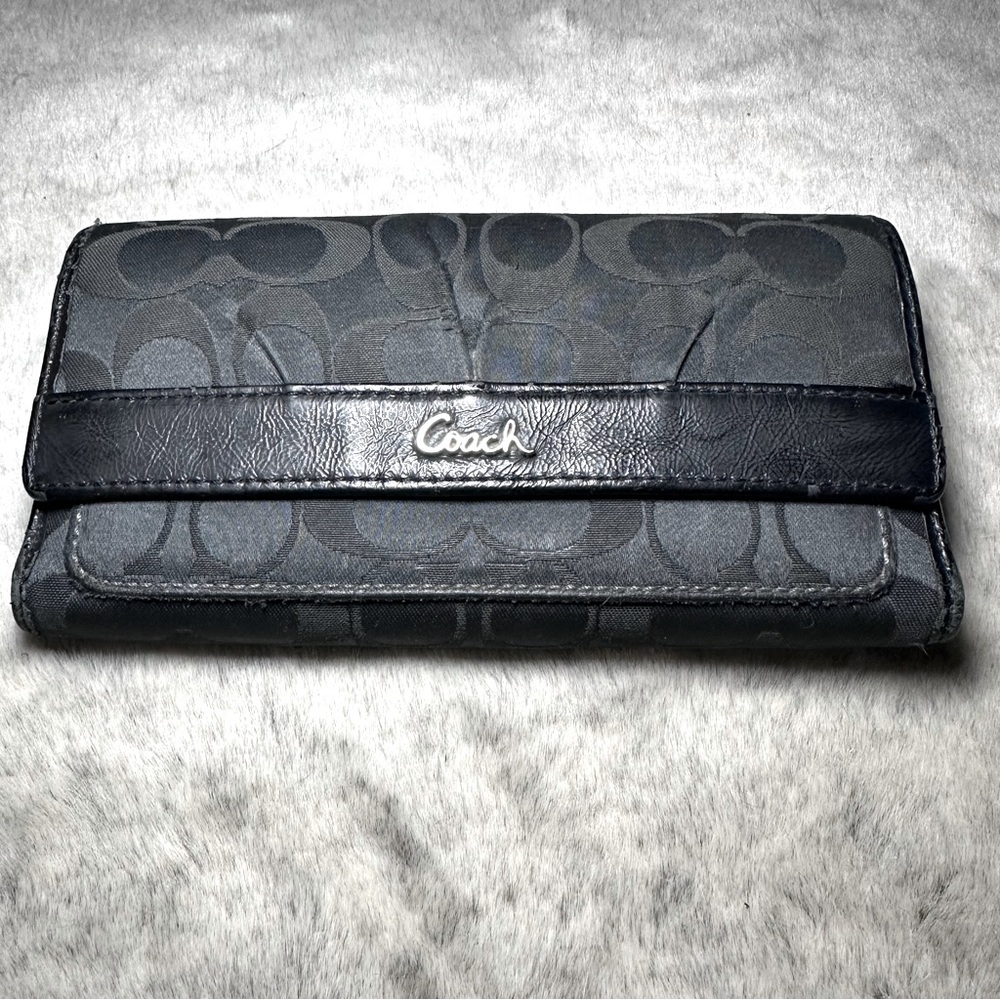 Coach Canvas and Leather Trifold Wallet - Long, Classic Print, Black